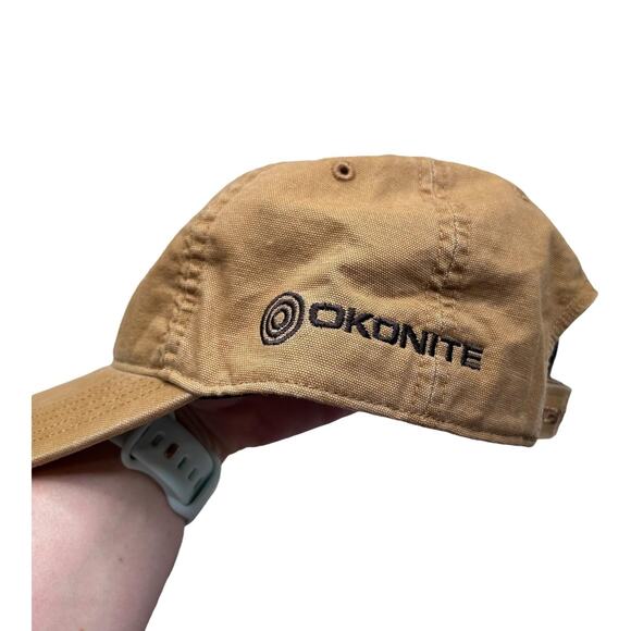 Carhartt Hat Cap Strap Back Mens Brown Canvas Leather Patch Okonite Advertising - Picture 6 of 6
